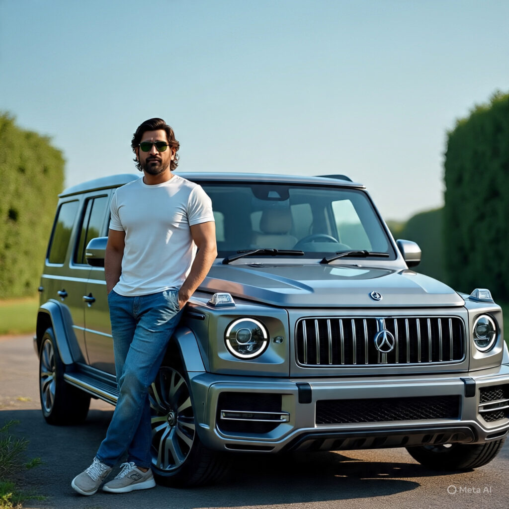 MS Dhoni standing next to his Mercedes-Benz G-Wagon SUV with a bold gangster look