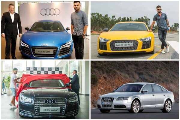 Virat Kohli का शानदार Car Collection – करोड़ों की Cars से बेइंतेहा प्यार! Virat Kohli Car Collection Collage – Audi R8 LMX, Audi R8 V10 Plus, Audi A8 W12 Quattro और Audi S6 Sedan के साथ विराट कोहली।
